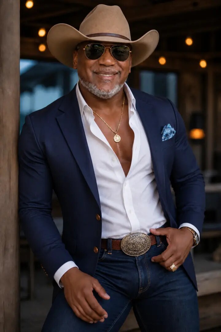 The Doc In The Mix wearing a navy suit and cowboy hat