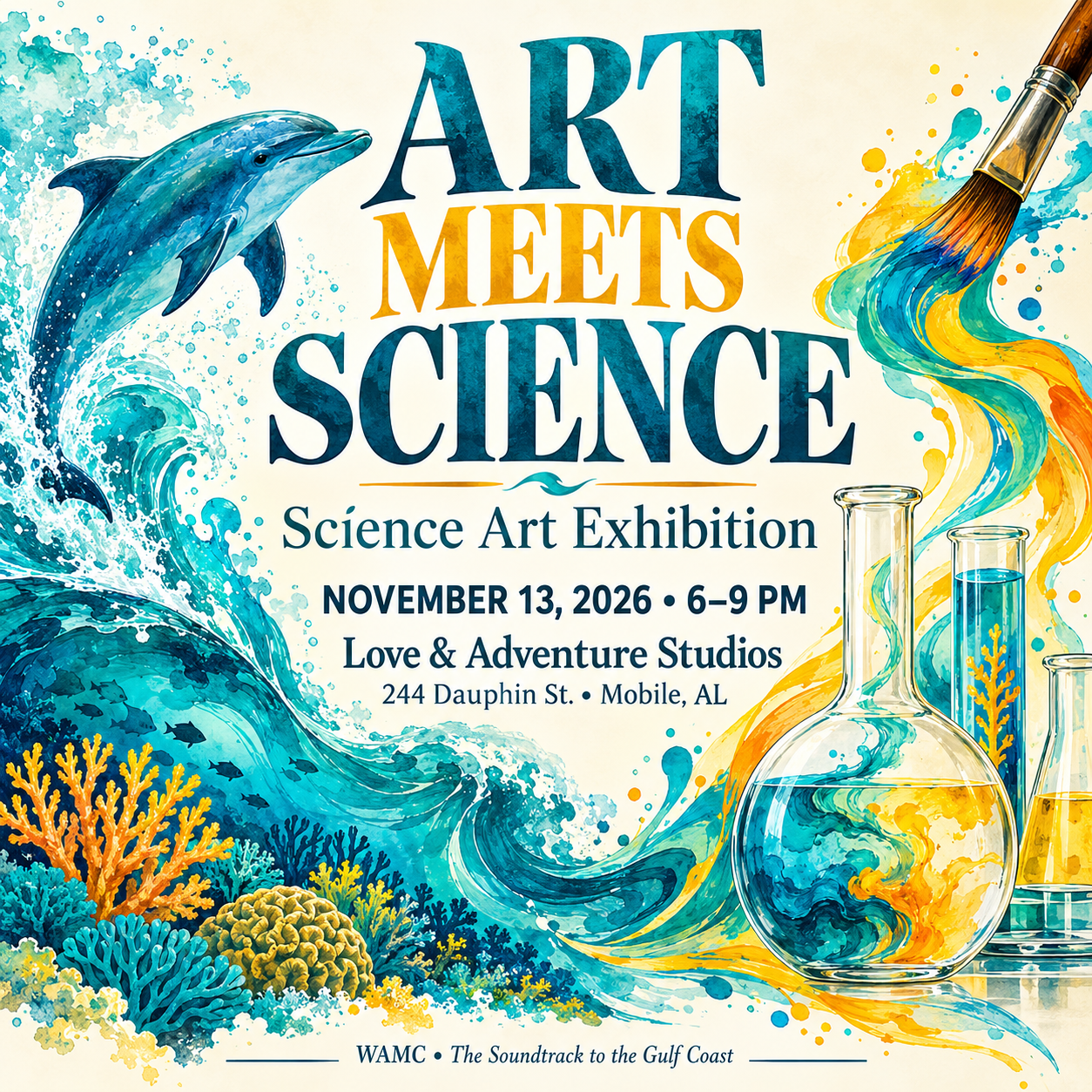 Art Meets Science — Science Art Exhibition. November 13, 2026, 6–9 PM. Love & Adventure Studios, 244 Dauphin St., Mobile, Alabama.